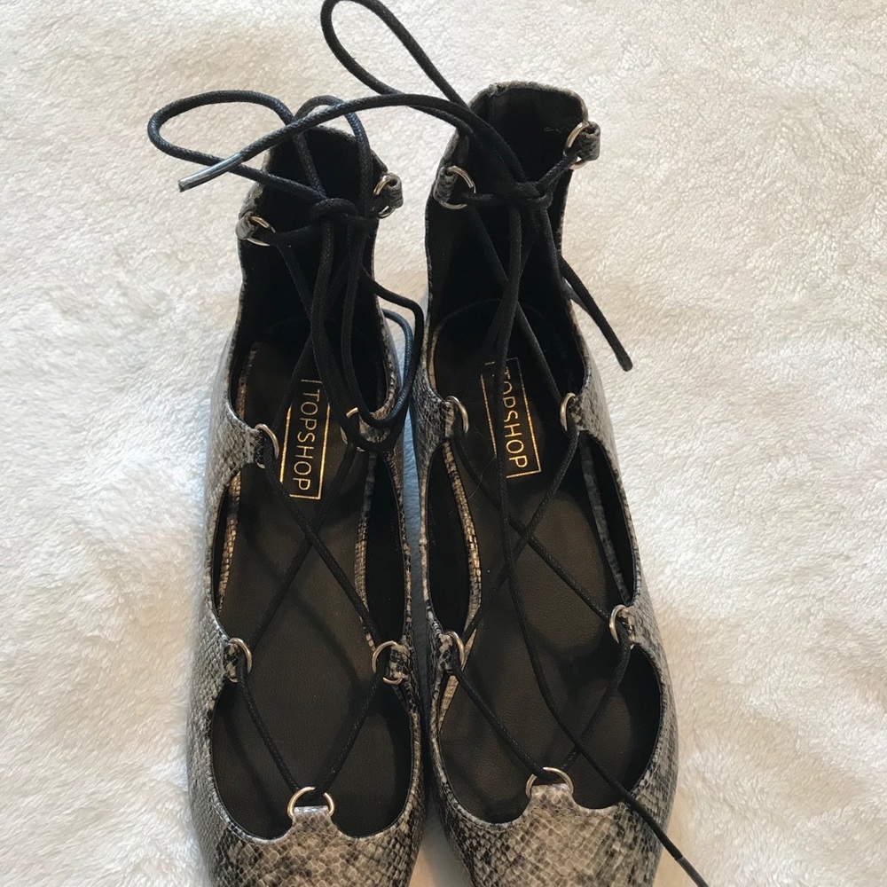 Topshop snakeskin laceup ballet flats
